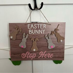 NWT Glittered Easter Bunny Stop Here Wooden Burlap Easter Bunny Banner sign